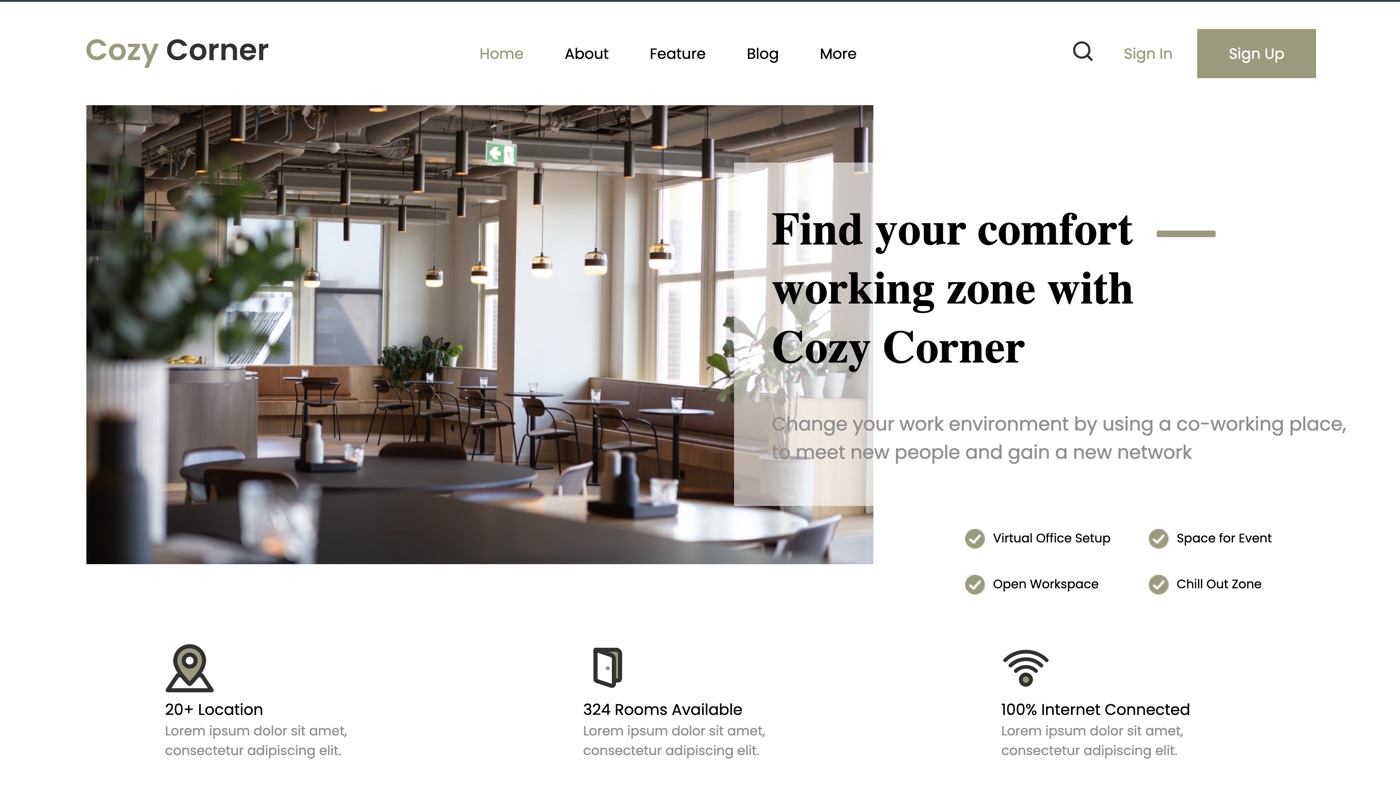 Cozy Corner — Landing page de espacio coworking diseñada por Hache Studio
