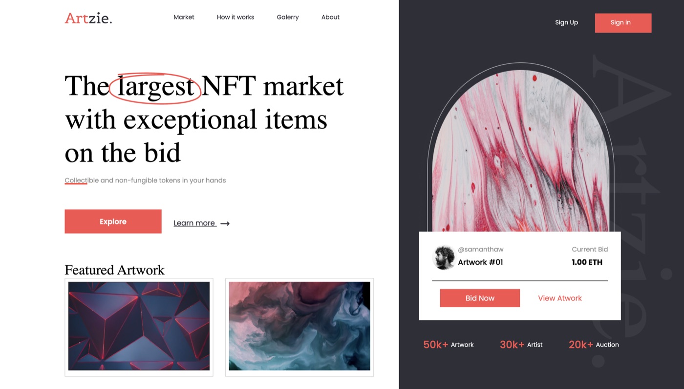 Artzie NFT — Marketplace NFT con diseño split-layout por Hache Studio